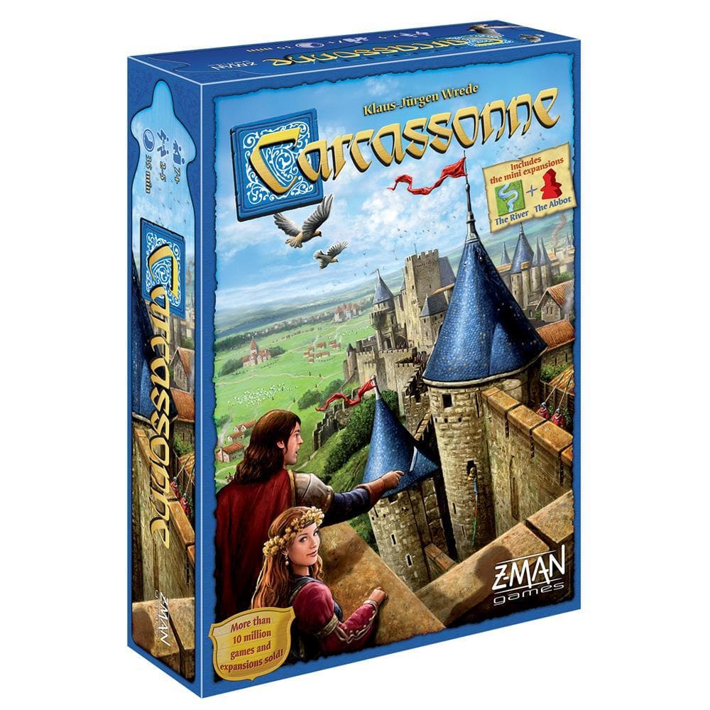 Box cover art for the board game Carcassonne, featuring illustrations of the game's tiles and a cartoon-style city.