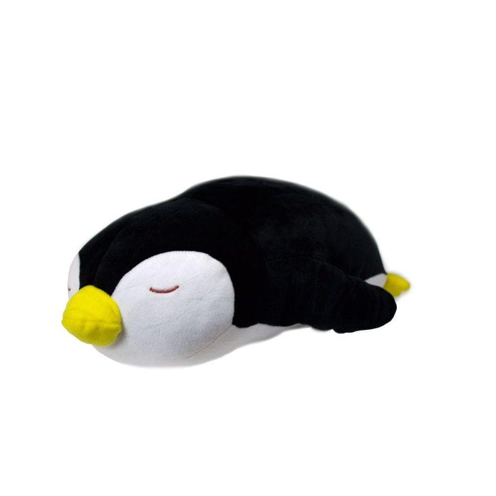 A plush toy resembling a black and white penguin with a yellow beak and feet, lying on its belly.
