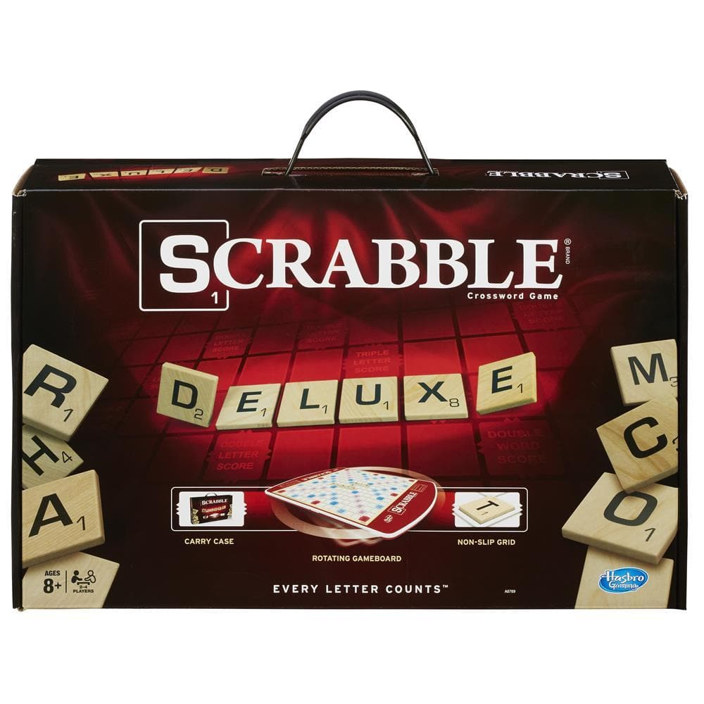 Packaging for Scrabble Deluxe board game featuring the game's name, Scrabble pieces, and a carrying case.