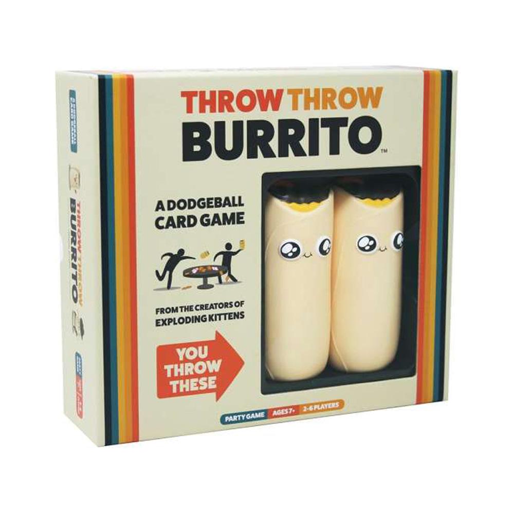 The image shows the packaging for the party game 'Throw Throw Burrito'. The box features images of two plush burrito toys and text detailing the game name and description.