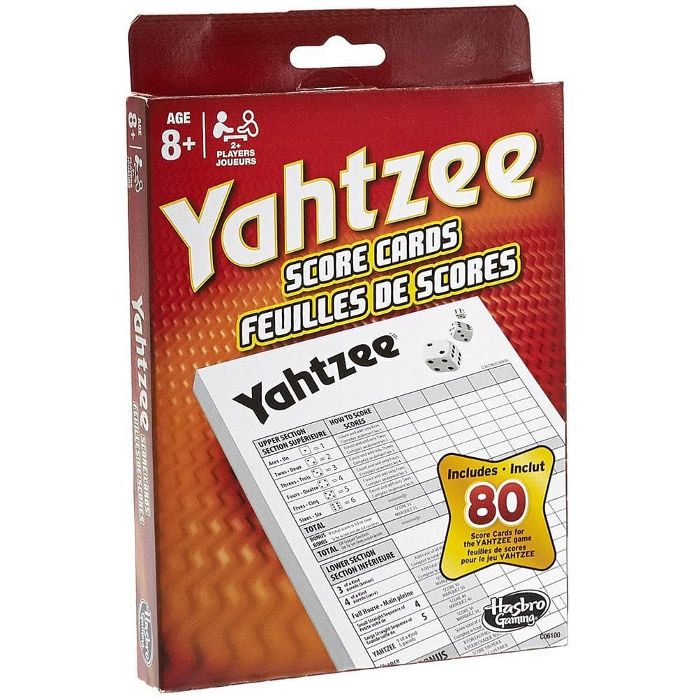 Package of Yahtzee game score cards featuring the Yahtzee logo and a sample score card visible through the packaging window.